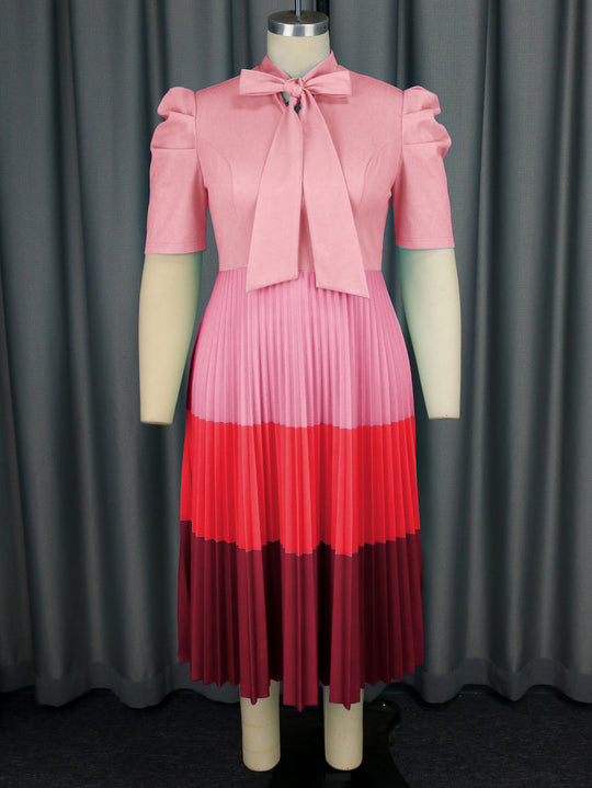 Damen Elegantes Plisseekleid mit Schleifenkragen R&B