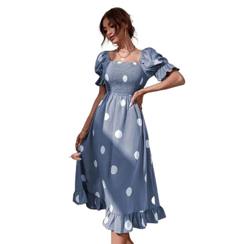 Damen Polka Dot Puff Ärmel Midi Kleid