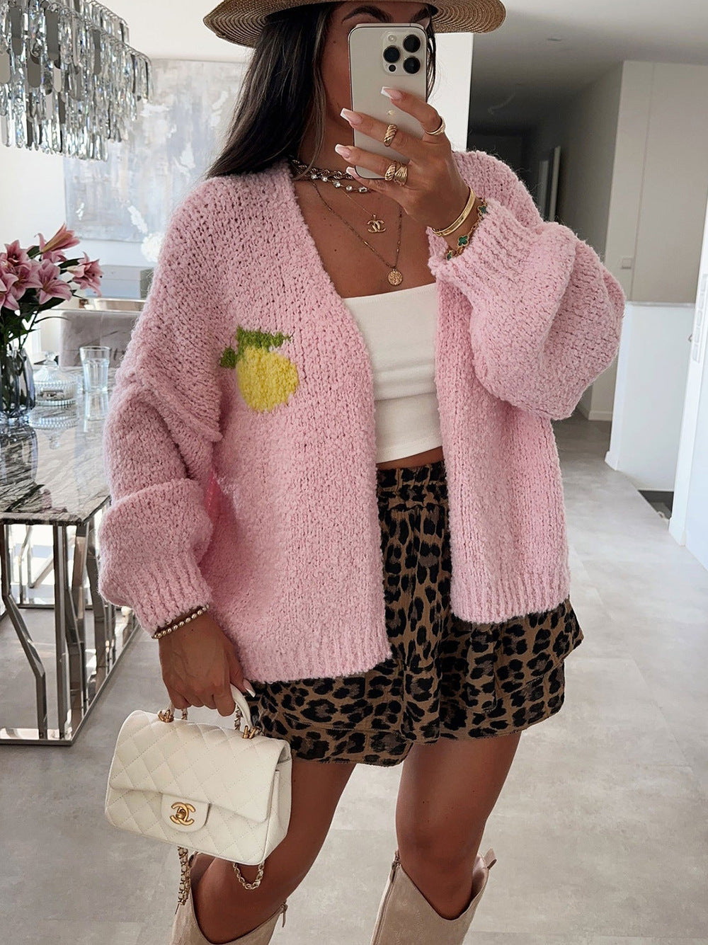 Damen Strickjacke mit fröhlichem Ananas-Motiv und oversized Schnitt R&B