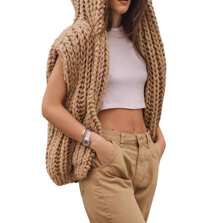 Damen lässige Strickweste mit Kapuze aus grobem Garn R&B