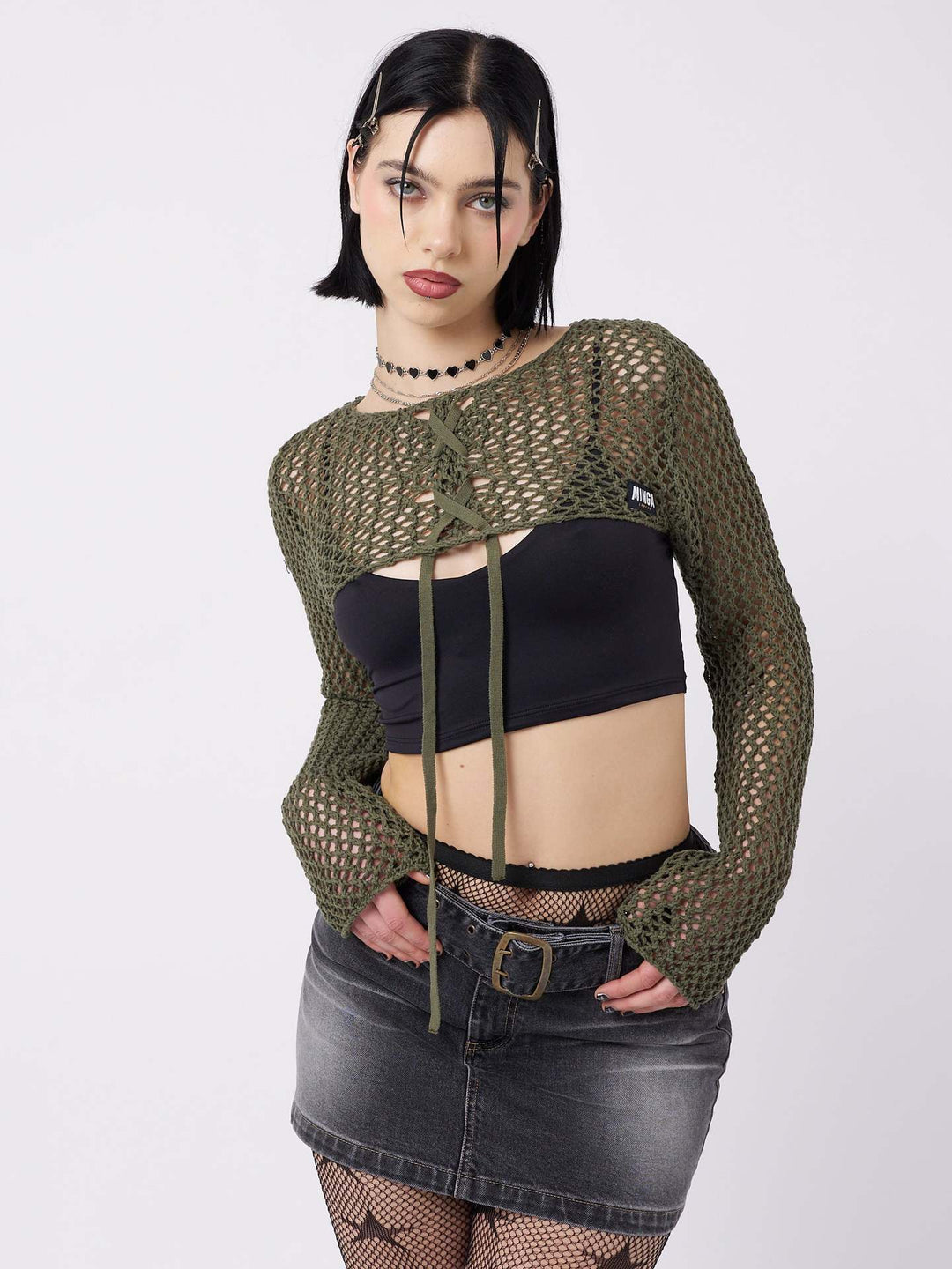 Damen luftiger Netzpullover mit Bindebändern R&B