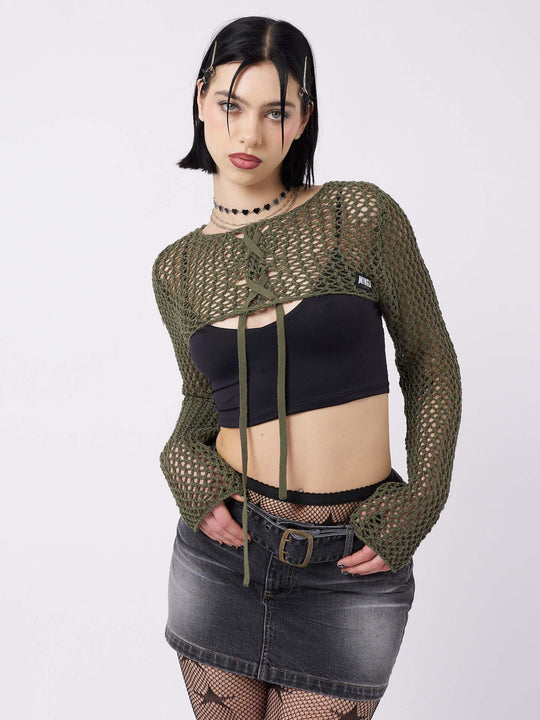 Damen luftiger Netzpullover mit Bindebändern R&B