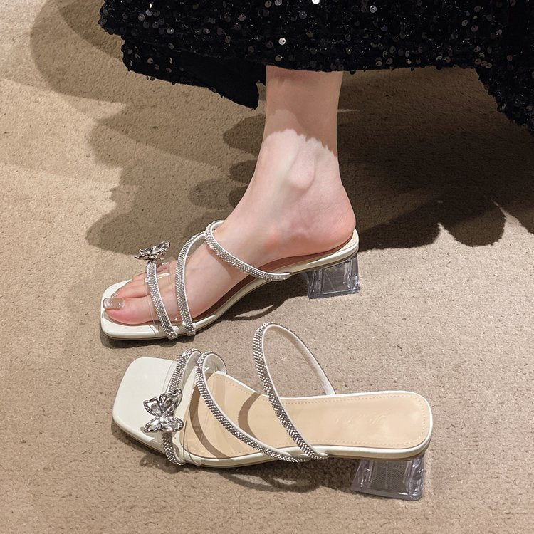 Damen glamouröse Sandalen mit funkelndem Riemen und transparentem Blockabsatz R&B