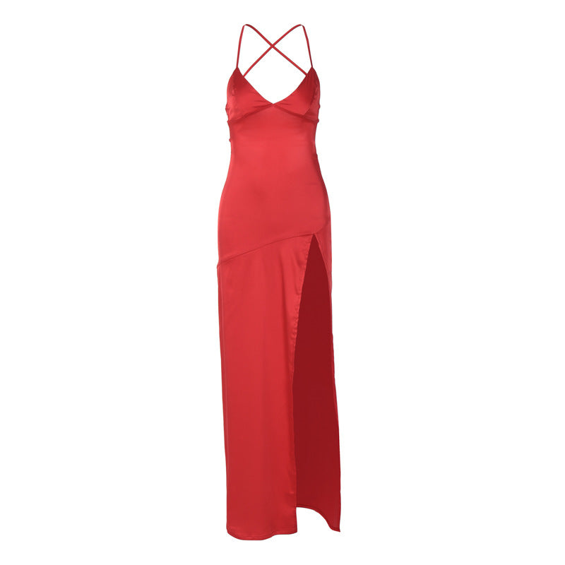 Damen Elegantes und figurbetontes Abendkleid mit seidigem Stoff und hohem Schlitz R&B