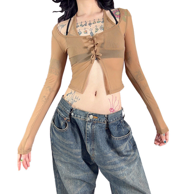 Damen langer Arm Mesh Bluse mit verstellbarem Knoten-Design R&B