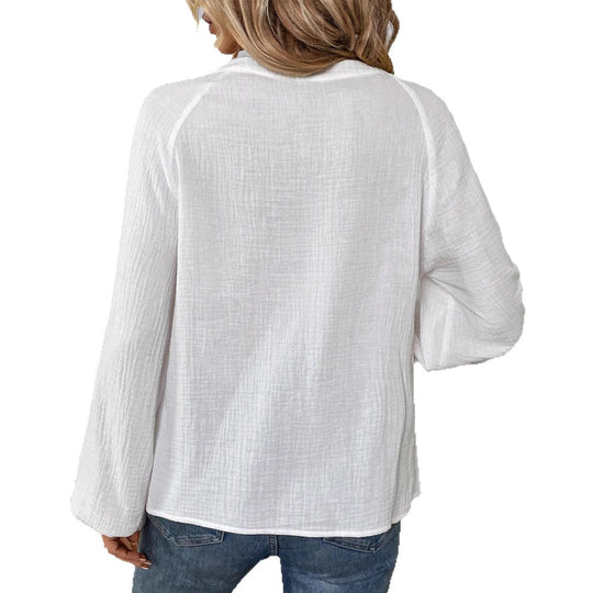 Damen nan lässige Baumwoll-Gauze-Bluse mit besticktem V-Ausschnitt, Paisley-Stickerei, Raglannähten und weiten Ballonärmeln R&B