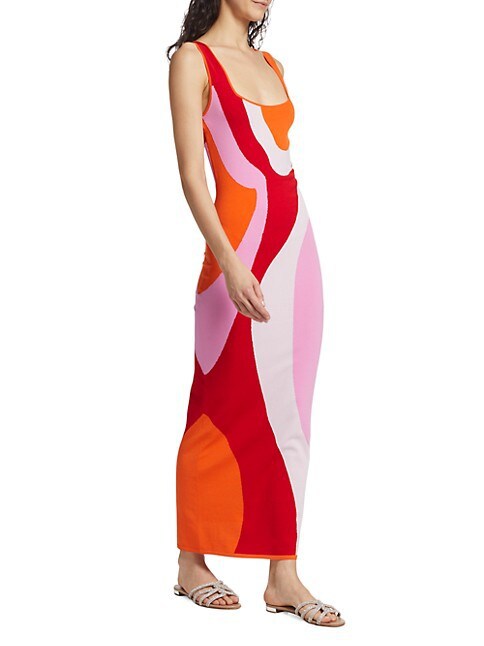 Damen langes figurbetontes Kleid mit quadratischem Ausschnitt und farbenfrohem Muster R&B