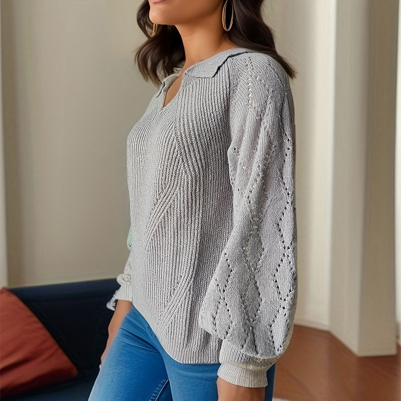 Damen Strickpullover mit V-Ausschnitt und Ballonärmeln R&B