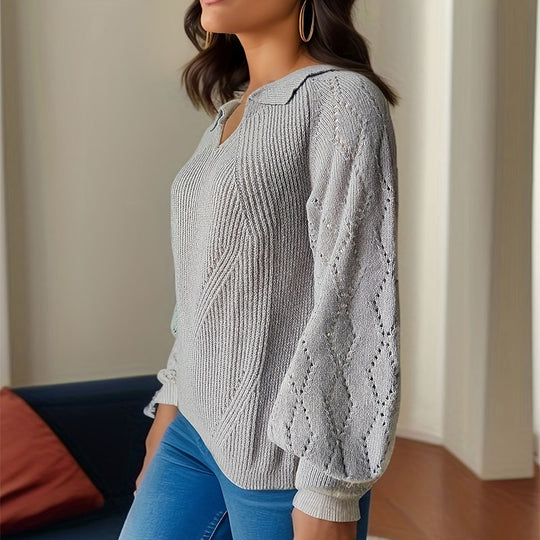 Damen Strickpullover mit V-Ausschnitt und Ballonärmeln R&B