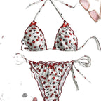 Damen Triangel-Bikini mit ausdrucksstarkem Kirschmotiv und verspielten Bindändern