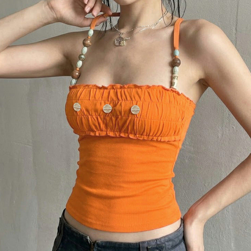 Damen Spitzen-Crop-Top mit dekorativem Rüschen und Knopfdetails R&B