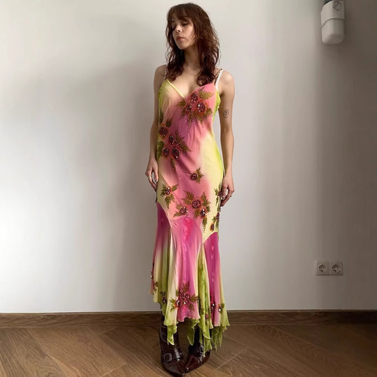 Damen asymmetrisches Sommerkleid mit floralem Design und zarten Spaghettiträgern R&B