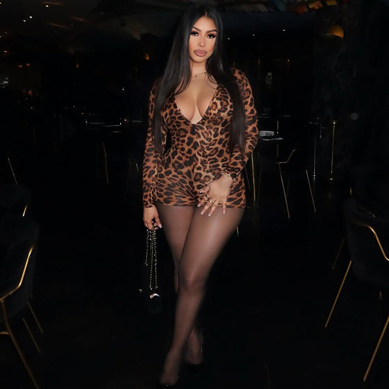 Damen stylischer Leopardenmuster Bodysuit mit V-Ausschnitt und langen Ärmeln R&B