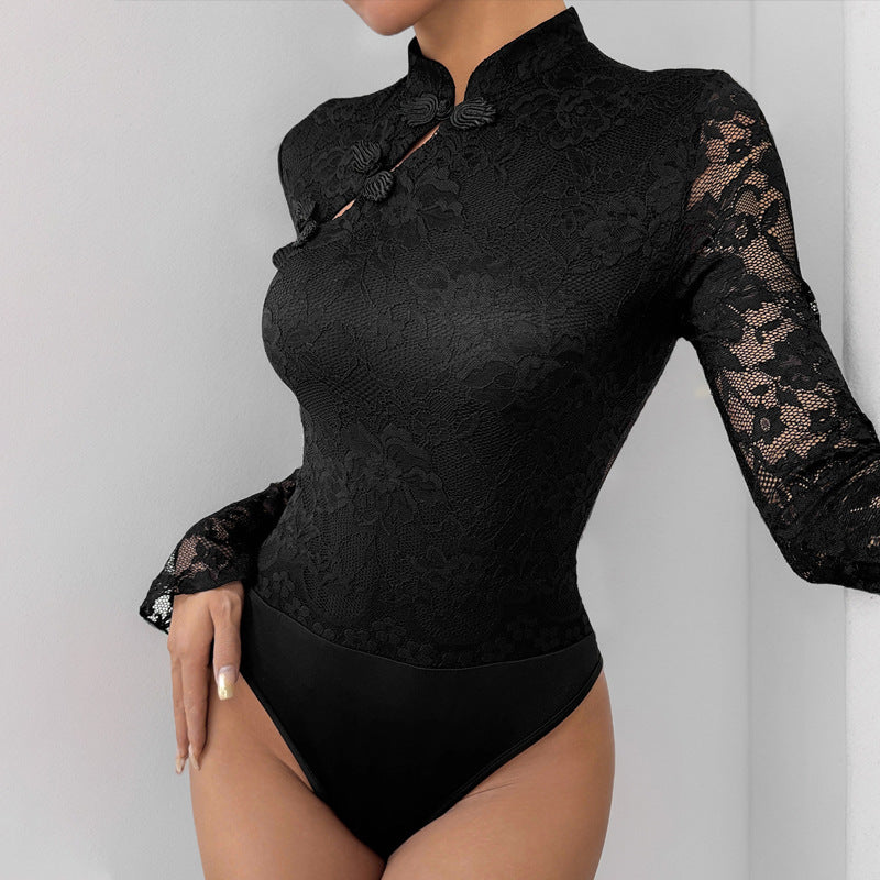 Damen Spitzenbody mit elegantem Stehkragen und langem Ärmel R&B