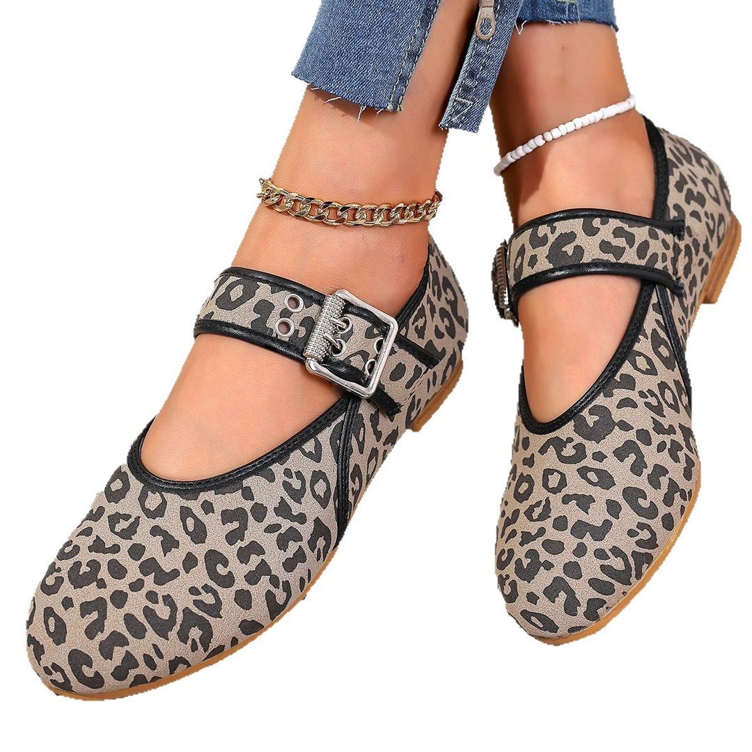 Damen Mary Jane Ballerinas mit modischem Leopardenmuster und bequemer Schnalle R&B