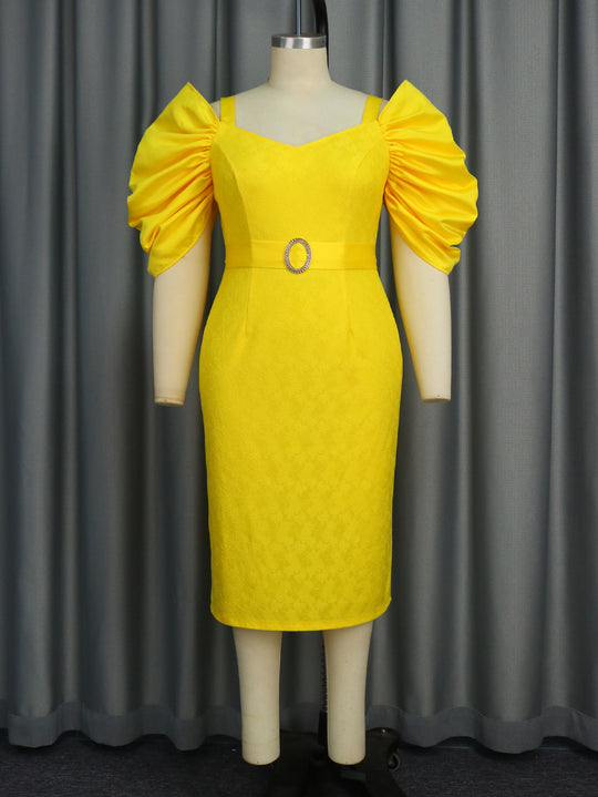 Damen figurbetontes Kleid mit voluminösen Puffärmeln und glitzerndem Gürtel R&B