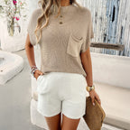Damen Lässiges Strickoberteil mit Brusttasche und schmalen Shorts R&B