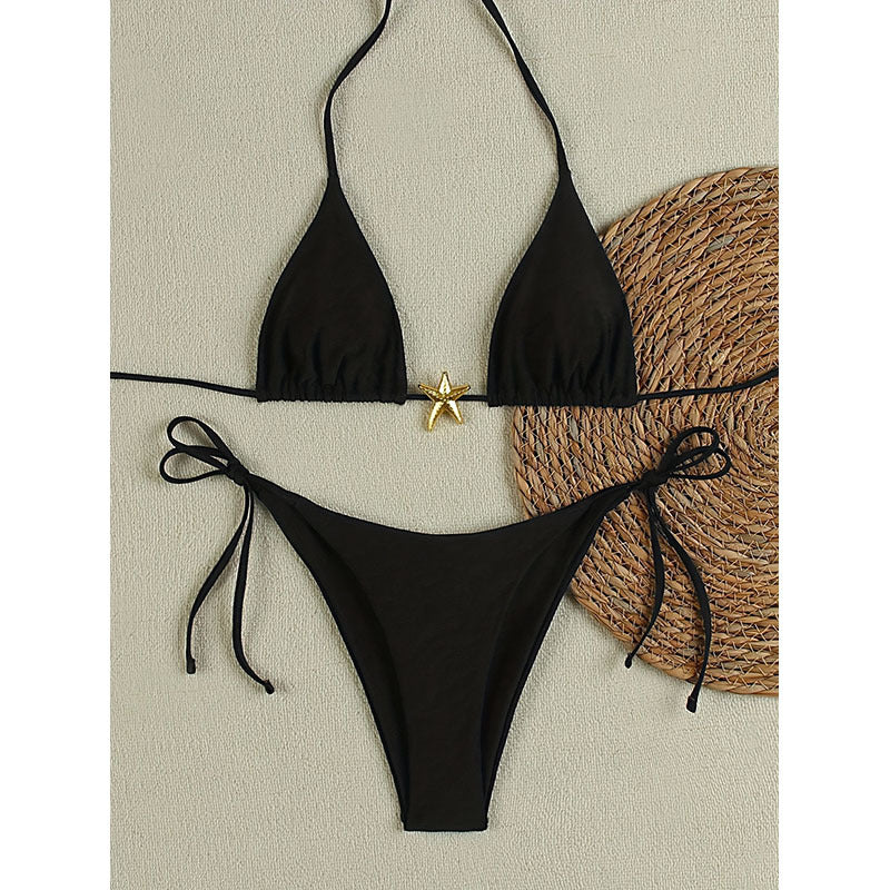 Damen Triangel-Bikini mit goldenen Akzenten und verstellbaren Trägern R&B