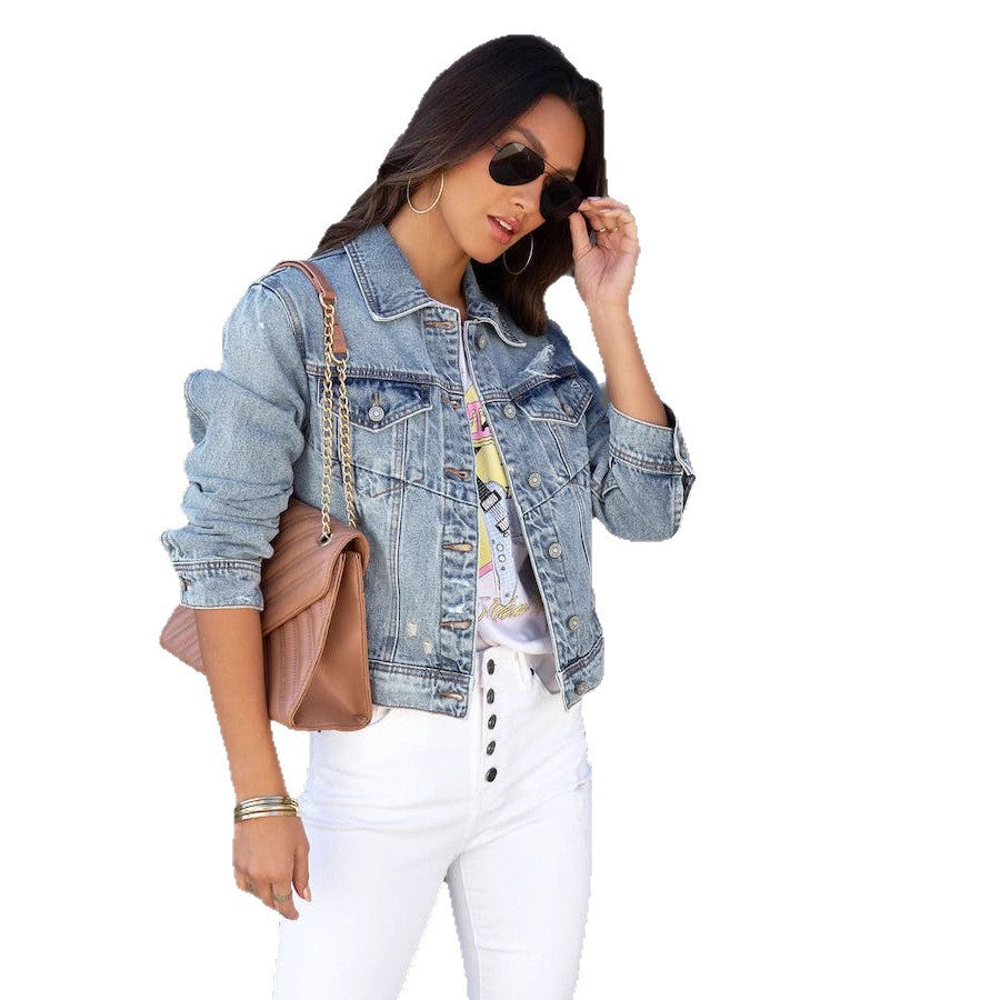Damen trendige Denimjacke im lässigen Oversize-Schnitt mit fransigen Ärmeln R&B