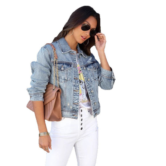 Damen trendige Denimjacke im lässigen Oversize-Schnitt mit fransigen Ärmeln R&B