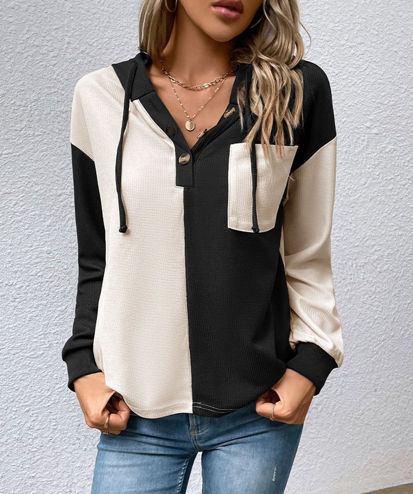 Damen nan Waffelstrick-Hoodie mit Henley-Knöpfen, Brusttasche und Kapuze R&B