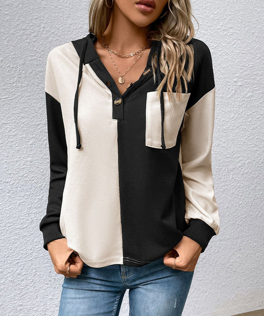 Damen nan Waffelstrick-Hoodie mit Henley-Knöpfen, Brusttasche und Kapuze R&B