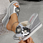 Damen Wedge-Sandalen mit schimmernden Blumenapplikationen und rutschfester Sohle R&B