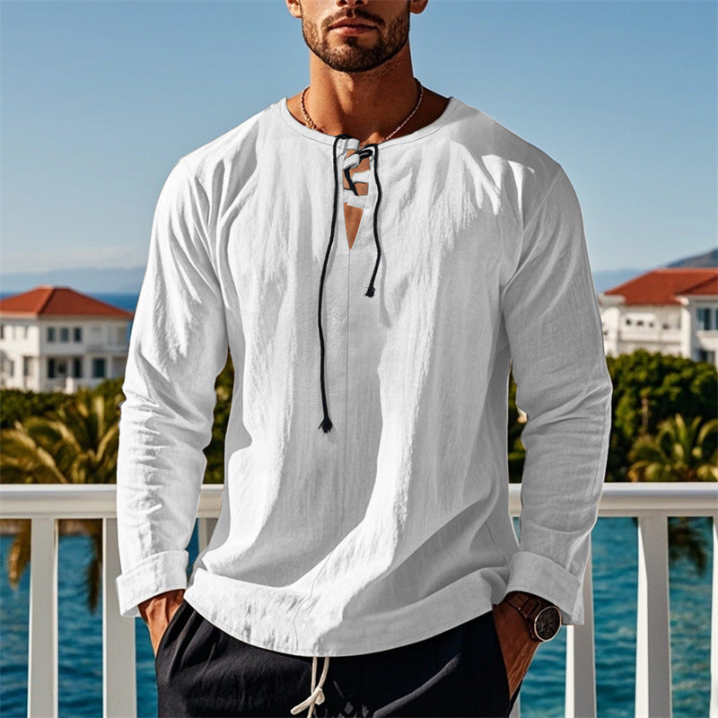 Herren modisches Langarmshirt mit Schnürung und V-Ausschnitt R&B