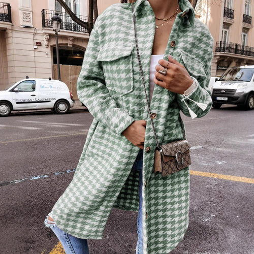 Damen Hahnentritt-Muster Oversized Hemdjacke R&B