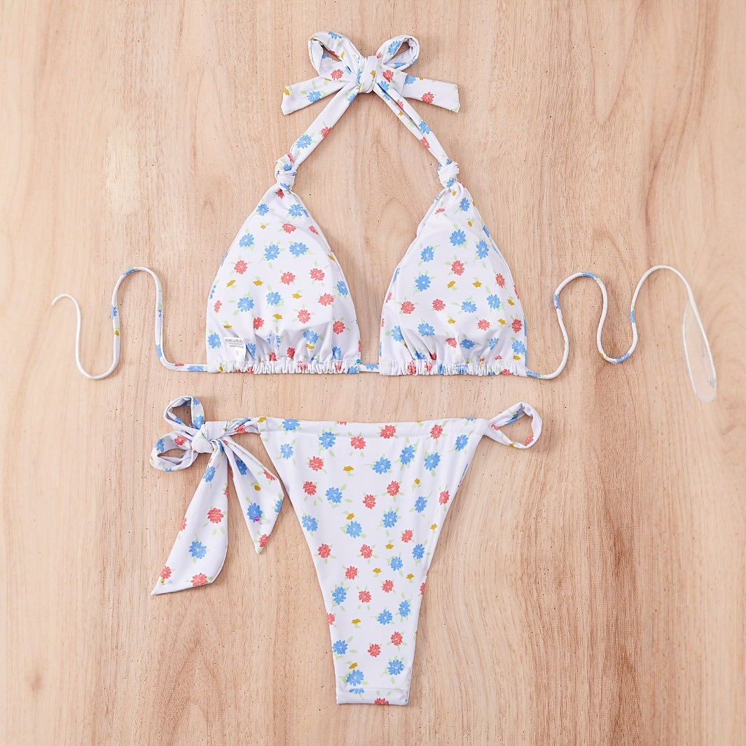 Damen Floral gemusterter Triangel-Bikini mit verspieltem Bindeband R&B