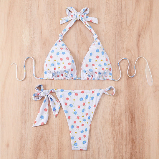 Damen Floral gemusterter Triangel-Bikini mit verspieltem Bindeband R&B