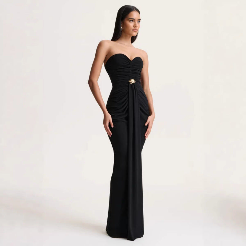 Damen Elegantes langes Abendkleid mit gerafftem Oberteil und goldener Schnalle R&B