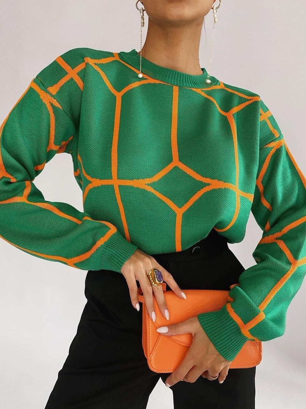 Damen Modischer Strickpullover mit auffälligem geometrischem Design R&B