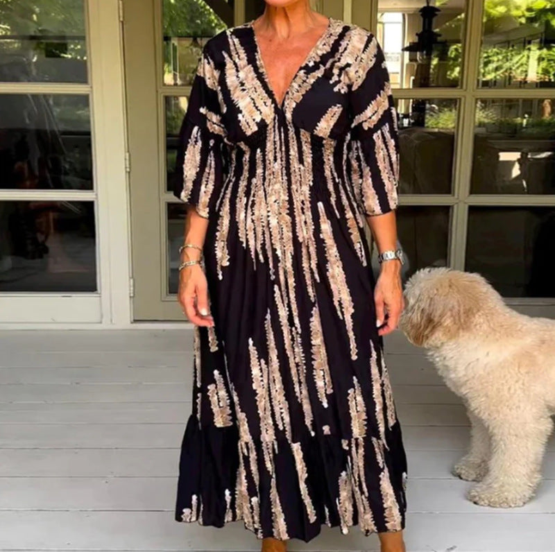 Damen nan Maxikleid mit V-Ausschnitt, vertikalem Pinselprint, geraffter Unterbrustnaht und stufigem Volantrock R&B