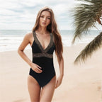 Damen Eleganter V-Ausschnitt Badeanzug mit Spitzenbesatz R&B