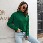 Damen Strickpullover mit hohem Kragen und Zopfmuster R&B