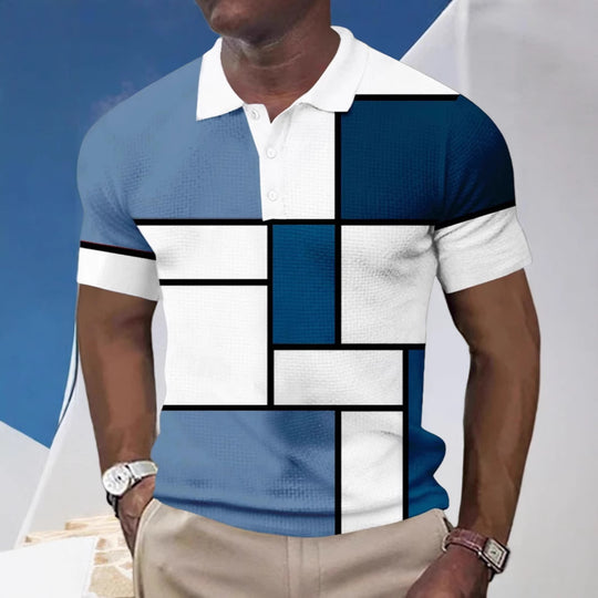 Herren nan kurzärmeliges Poloshirt mit geometrischem Blockmuster und feinem Strukturpiqué R&B