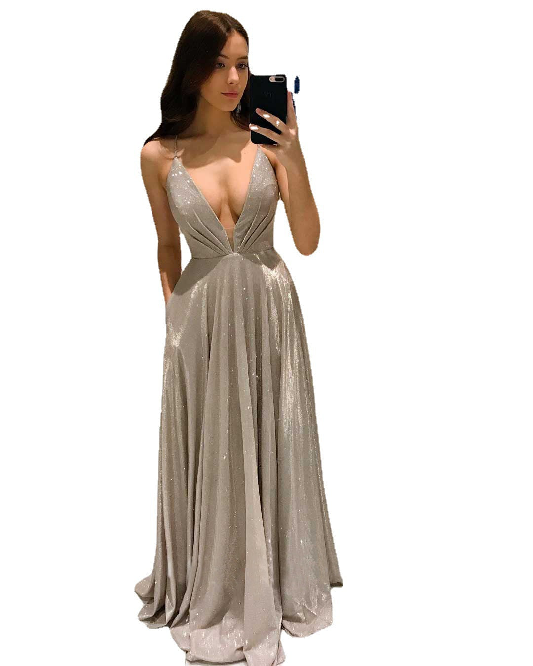 Damen Glamouröses Abendkleid mit tiefem V-Ausschnitt und funkelnden Details R&B