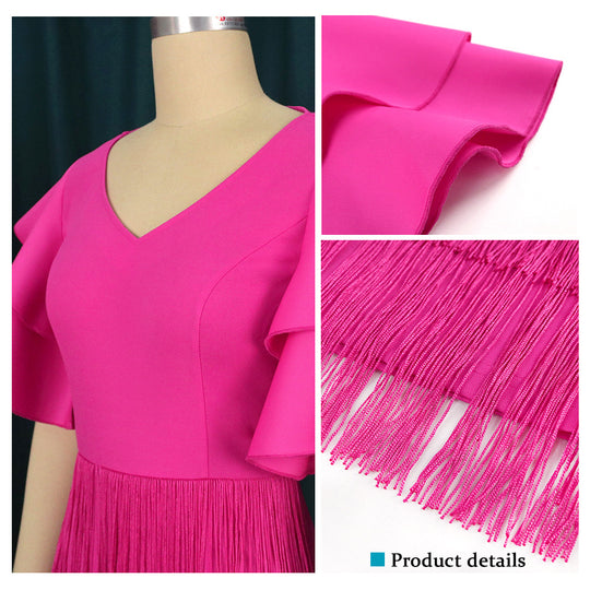 Damen Cocktailkleid mit voluminösen Rüschenärmeln und Fransen-Saum R&B