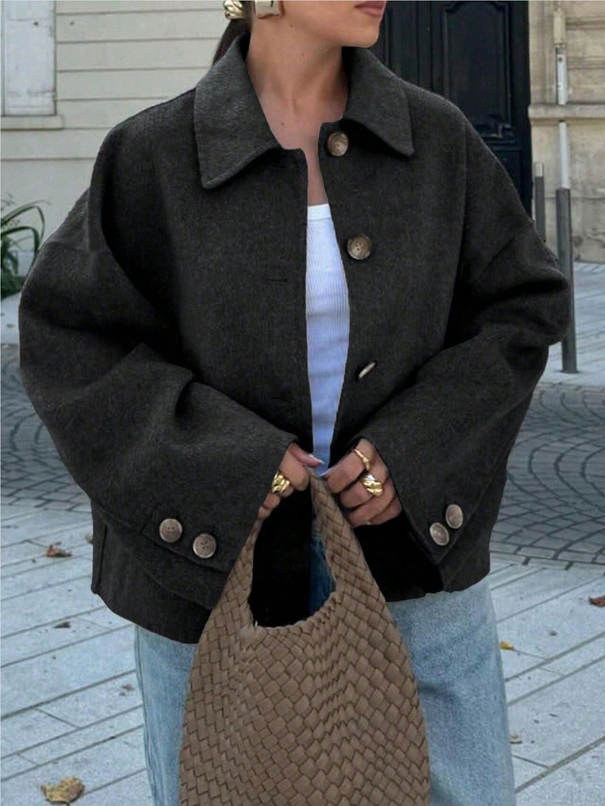 Damen Oversize Wolljacke mit dekorativen Knöpfen R&B