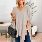 Damen V-Pullover aus feinem Strick mit weit geschnittenen Ärmeln und lässigem Stil R&B