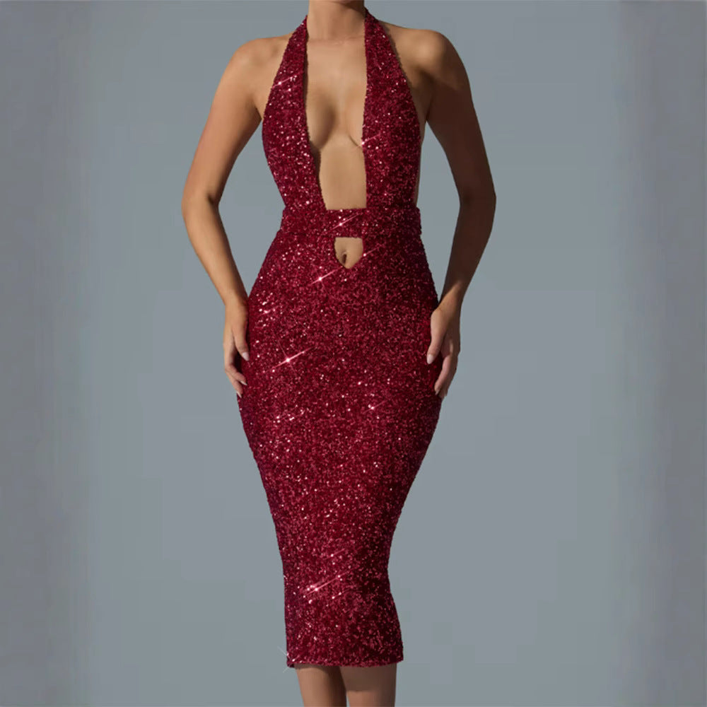 Damen Glamouröses Pailletten-Midikleid mit tiefem V-Ausschnitt und tailliertem Schnitt R&B