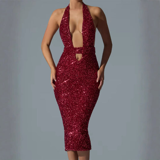Damen Glamouröses Pailletten-Midi-Kleid mit tiefem V-Ausschnitt und figurbetonter Silhouette R&B