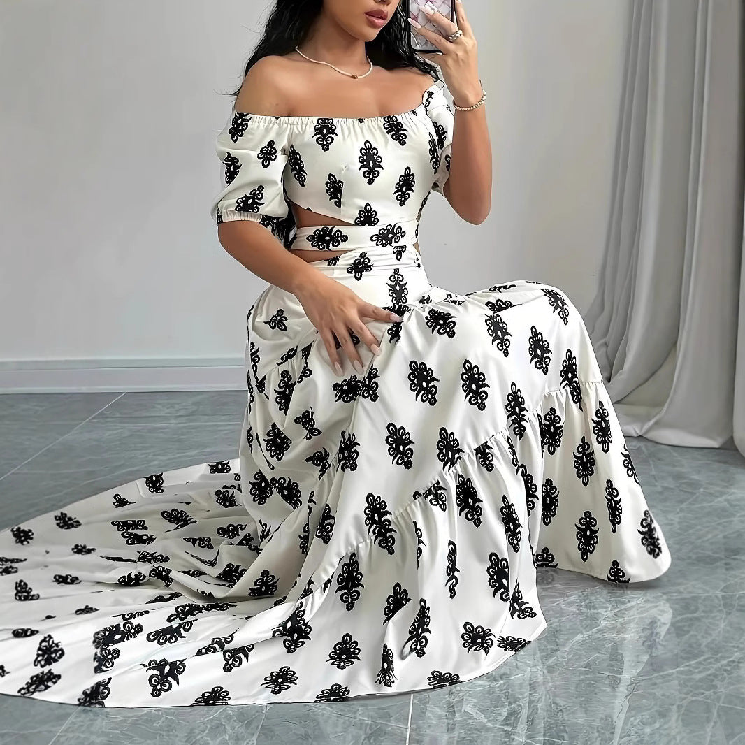 Damen Off-Shoulder Maxikleid mit Rüschendetails und floralen Mustern R&B