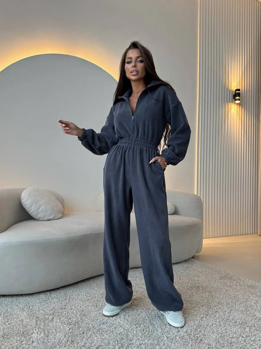 Damen eleganter Jumpsuit mit kurzem Reißverschluss und elastischem Bund R&B