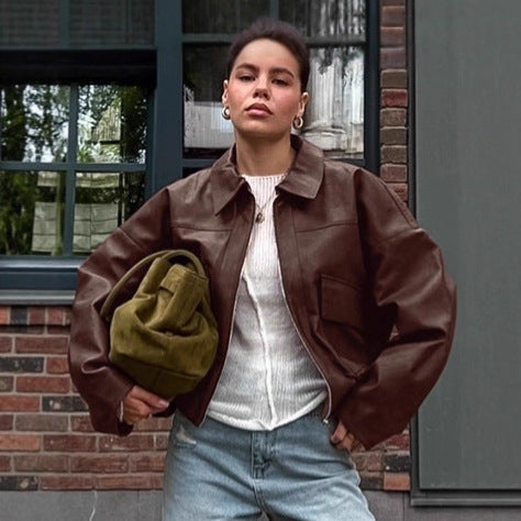 Damen Kunstlederjacke im leicht Oversized-Schnitt mit praktischen Taschen und elastischer Taille R&B