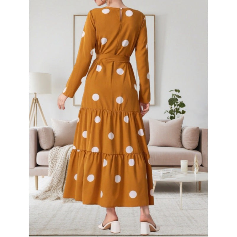 Damen Maxikleid mit buntem Polka-Dot-Muster und Taillengürtel R&B