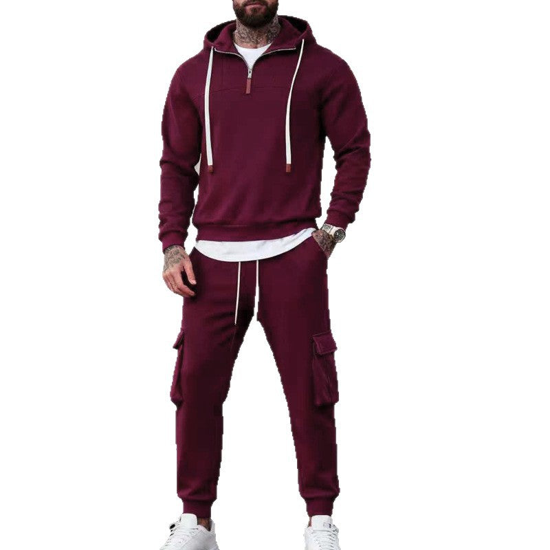 Herren nan lässiger Fleece-Jogginganzug mit halbem Reißverschluss und Cargo-Taschen R&B