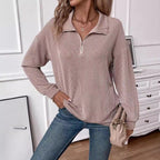 Damen lässiger Pullover mit Reißverschluss und gestreiftem Design R&B