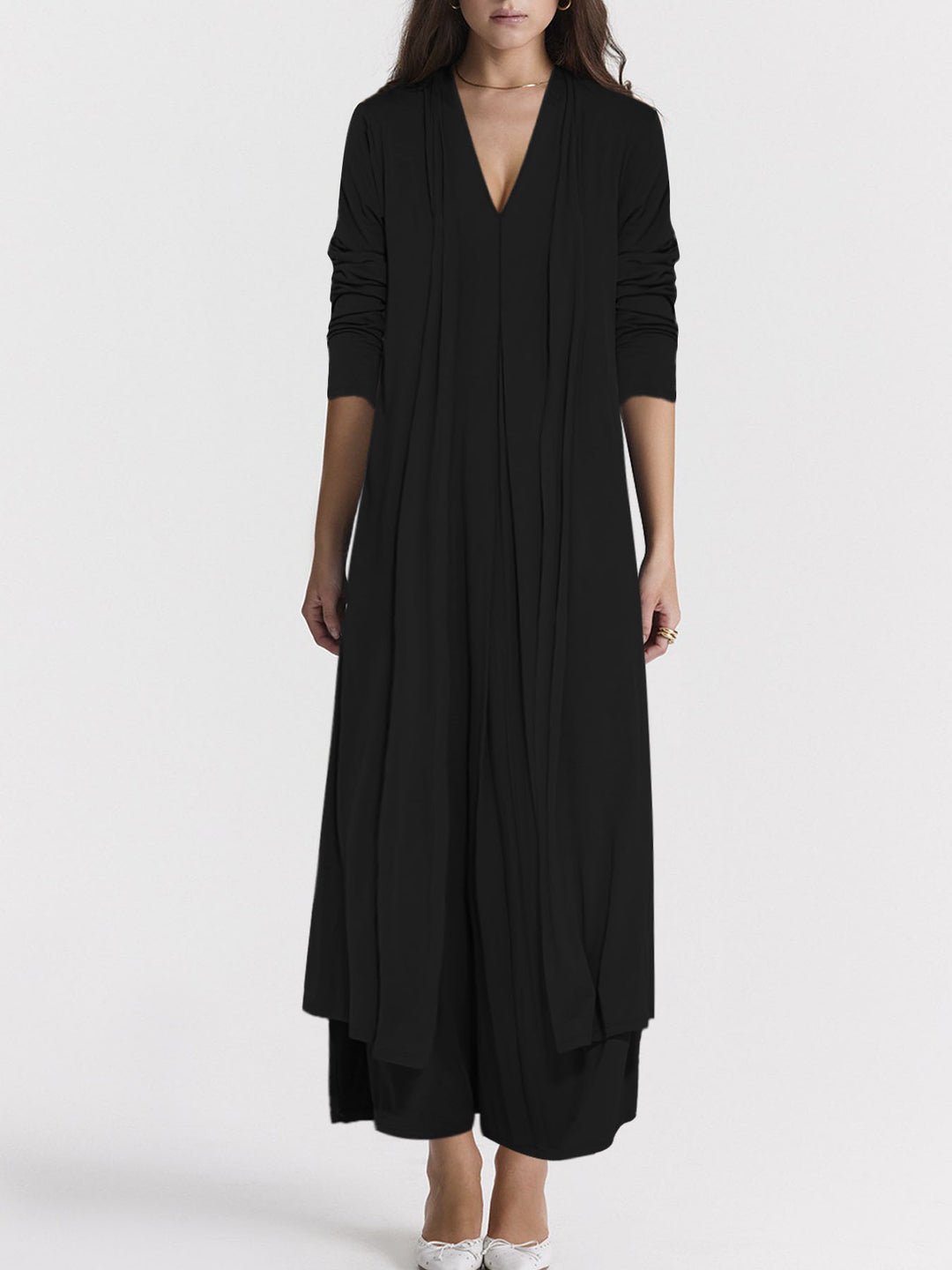 Damen luftiger Maxi-Rock mit elegantem V-Ausschnitt und fließendem Schnitt R&B